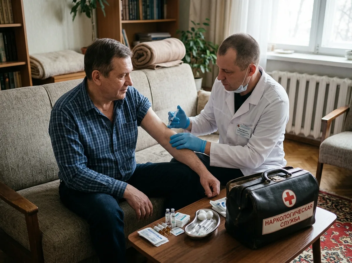 Врач нарколог проводит кодирование от алкоголизма на дому, делает укол пациенту, спокойная атмосфера, дневное освещение, медицинский чемодан