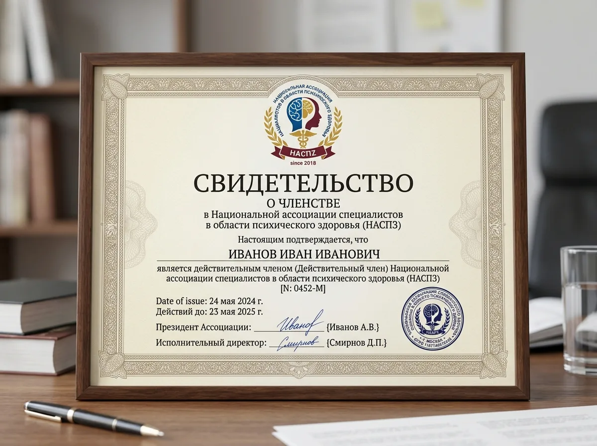Свидетельство о членстве в Национальной ассоциации специалистов в области психического здоровья, официальный документ с печатью организации